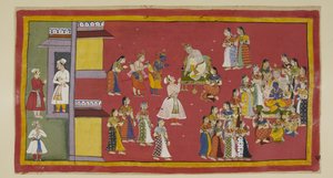 Dasaratha aveva precedentemente ordinato a Sumantra di convocare le sue regine e tutte le sue mogli, che ora circondano il re quando Sumantra porta gli esiliati a fare i loro saluti. Dasaratha cerca di persuadere Rama a non andare nella foresta. da Indian School