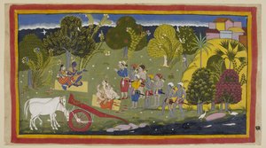 I compagni hanno raggiunto il fiume Gaṅgā a Srngaverapura. Rama e Sita sono seduti su un tappeto di paglia sotto un albero, mentre Laksmana e Sumantra sono seduti di fronte a loro. I cavalli sono stati disarmati da Indian School