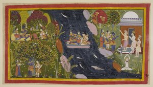 Bharadvāja, a destra nel suo eremo, consiglia ai viaggiatori la strada per Citrakuta. Al centro, attraversano lo Yamunā su una zattera improvvisata, con Sita che prega di nuovo la dea del fiume per un ritorno sicuro da Indian School