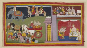 I messaggeri, in una camera superiore, dicono ai principi di tornare ad Ayodhyā. Sotto, nella sala del trono, vestiti per il viaggio, i principi salutano il re Kaikeyi e suo figlio Yudhājit. Si siedono in un carro con i messaggeri