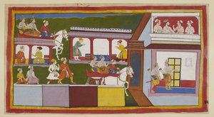 Add 15296 (1) f.85r, I principi nel loro carro attraversano la strada principale di Ayodhya, meravigliandosi del cambiamento nella città da quando l