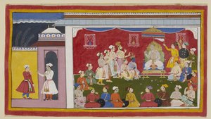 Add 15296 (1) f.8r, Dasaratha è seduto sul suo trono in pieno durbar, con Rama e Laksmana inginocchiati accanto a lui, mentre il messaggero inviato da Bharata dalla corte di suo nonno racconta al re come i suoi altri due figli stanno studiando diligentemen da Indian School