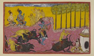 Sugriva e le sue scimmie, viste in alto a sinistra, continuano a raccontare a Rama e Laksmana la storia di Bālī e Dundubhi. Bālī era così potente che riuscì a strappare il demone membro per membro e poi a lanciare la carcassa in aria da Indian School
