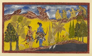 Add 15296 (2) f.2r, Nella loro disperata ricerca della rapita Sita, Rama e Laksmana sono arrivati al lago Pampa, che è coperto di loti e circondato da alberi in fiore. È la stagione primaverile e Rama è continuamente ricordato dagli uccelli in accoppiament