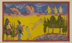 Sugriva è inizialmente spaventato, pensando che questi guerrieri armati siano stati inviati dal suo fratello usurpatore Bālī per distruggerlo. Manda il suo saggio ministro Hanuman a scoprire di più sui due stranieri. Hanuman si presenta