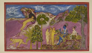 Sugriva racconta a Rama di aver visto Sita essere portata in alto su un carro da Ravana, lottando e chiamando i nomi di Rama e Laksmana. Vedendolo sotto, lei lasciò cadere i suoi gioielli e un indumento superiore. Sugriva corre in una caverna