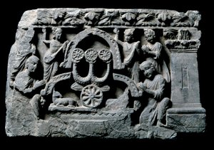 Arte del Gandhara (o Greco-Buddhismo): Buddha in preghiera, il miracolo di Sravasti. Rilievo della Scuola di Gandhara - II-IV secolo - Museo Indiano, Calcutta, India