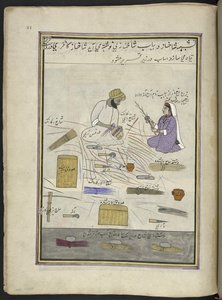 Cestai e sua moglie, 86 disegni rilegati in un volume che raffigura mestieri e occupazioni in Kashmir, Artigiani al lavoro con i loro strumenti e attrezzature, Di un artista del Kashmir, probabilmente a Srinagar, c.1850-60