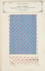 Campione di mussola Bootee ricamata con punti da Dacca in Bengal, da The Collection of the Textile Manufacturers of India, di John Forbes Watson, pubblicato nel 1866 da Indian School