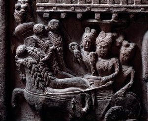 Buddhismo: "Ultima visita di Prasenjit a Buddha" dettaglio dello stupa di Bharhut. Basso rilievo in pietra nera, 2° secolo a.C. - Kolkata, Museo Indiano