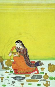 Una signora prepara un pasto, miniatura da una serie Bhagavata Purana, Kangra, c.1810
