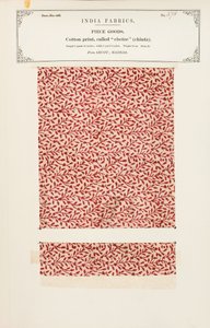 Campione di cotone con stampa chetee (chintz) da Arcot in Madras, da The Collection of the Textile Manufacturers of India, di John Forbes Watson, pubblicato nel 1866 da Indian School