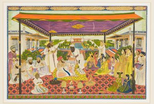 Scena di corte con sfondo panoramico di palazzo e giardino da Indian School