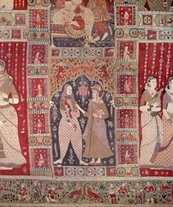 (dettaglio) di un arazzo decorato con figure europee da Indian School