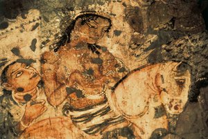 Figura di una donna sul dorso di un cavallo, dipinto murale nelle grotte di Ajanta (numero 1), periodo Gupta, V-VI secolo (dipinto)