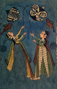 Ragazze che fanno volare aquiloni, pittura popolare di Kulu, Himachal Pradesh da Indian School