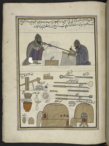 Soffiatori di vetro, 86 disegni rilegati in un volume che raffigurano mestieri e occupazioni in Kashmir, Artigiani al lavoro con i loro strumenti e attrezzature, Di un artista del Kashmir, probabilmente a Srinagar, c.1850-60 da Indian School