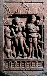 Arte indiana: Sundarananda aiuta Sundari nella sua toilette. Periodo Kushan da Indian School
