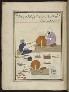 Affilatori di coltelli, 86 disegni rilegati in un volume che raffigurano mestieri e occupazioni in Kashmir, artigiani al lavoro con i loro strumenti e attrezzature, di un artista del Kashmir, probabilmente a Srinagar, c.1850-60 da Indian School