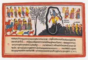 Krishna conquista il serpente Kaliya, pagina da una serie dispersa del Bhagavata Purana, c.1775 da Indian School