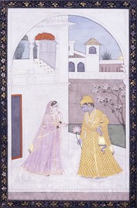 Krishna in piedi con un fiore di loto, il suo amante in un sari rosa, c. 1800