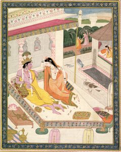 Krishna e Radha su un letto in un palazzo Mogul, Punjab, c.1860
