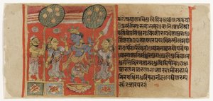 Krishna suona il flauto davanti a due gopi, con un devoto che osserva, dal Balagopalastuti c.1450 da Indian School