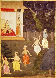 Krishna che suona il flauto seguito da quattro danzatrici, Rajasthan da Indian School