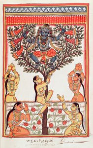 Krishna che ruba i vestiti delle Gopi che nuotano nel fiume Yamuna