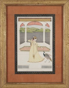 Signora che attira un pavone con una collana di perle, c.1800 da Indian School