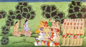 Lakshmana consulta i capi degli eserciti delle scimmie, dal Ramayana da Indian School
