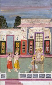 Maharaja Sawai Jai Singh accolto da due uomini incoronati