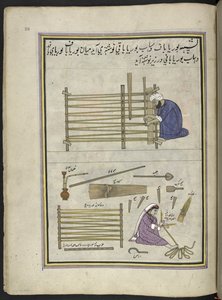 Fabbricante di stuoie e sua moglie che fanno stuoie di canne spaccate, 86 disegni rilegati in un volume che raffigura mestieri e occupazioni in Kashmir, Artigiani al lavoro con i loro strumenti e attrezzature, da un artista del Kashmir, probabilmente a Sri