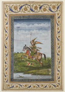 Miniatura che raffigura una scena con una figura alata su un cavallo, probabilmente scuola di Delhi, Mughal, indiana, inizio XIX secolo