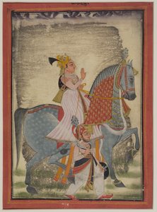 Nobile di Mewar che cavalca Nur accompagnato da un sais a piedi