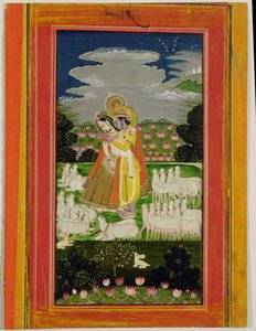 Radha e Krishna si abbracciano in un paesaggio idealizzato con mucche, c.1780