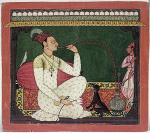 Raja Medini Pal, iscritto sul retro in caratteri Takari bilauria medini pal, Basohli, Himachal Pradesh, Scuola Pahari, 1735 da Indian School