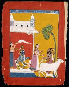 Rukmini offre acqua al saggio Narada mentre il suo consorte Krishna siede nella sua casa da Indian School