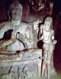 Buddha Seduto che fa il primo gesto di insegnamento, dalla Sala Caitya della Grotta 10 da Indian School
