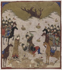 Shahru identifica Burzu come nipote di Rustam durante il combattimento finale tra Rustam e Burzu, c.1425-50 da Indian School