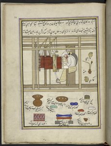 Tessitori di scialli che tessono scialli su un telaio, 86 disegni rilegati in un volume che raffigura mestieri e occupazioni in Kashmir, artigiani al lavoro con i loro strumenti e attrezzature, da un artista del Kashmir, probabilmente a Srinagar, c.1850-60 da Indian School