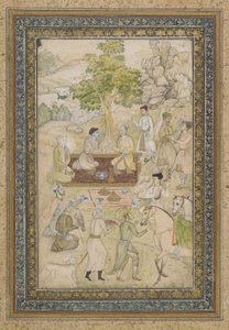 Sultano Murad e Sultano Daniyal a un picnic, foglio di album staccato con dipinto da Indian School