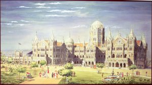 La stazione Chatrapati Shivaji Terminus, Mumbai, India, 1900 (bodycolour su carta) da Indian School