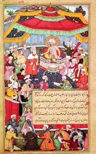 Il re sul suo trono circondato dai suoi cortigiani, dal Baburnama (Memorie di Babur) 1530
