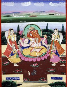 La divinità Ganesha, figlia di Shiva e Parvati. Stampa popolare indiana del XIX secolo da Indian School