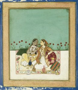 Due donne su una terrazza, dopo il 1700 (acquerello opaco e oro su carta) da Indian School