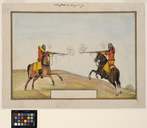 Due soldati a cavallo che si scambiano colpi di fucile, c.1830