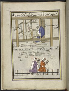 Tessitore a un telaio che fa stoffa grezza (patu); donne che avvolgono il filo, 86 disegni rilegati in un volume che raffigura mestieri e occupazioni in Kashmir, Artigiani al lavoro con i loro strumenti e attrezzature, da un artista del Kashmir, probabilme
