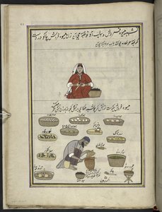 Venditrice di frutta; uomo che arrostisce mais, 86 disegni rilegati in un volume che raffigurano mestieri e occupazioni in Kashmir, Artigiani al lavoro con i loro strumenti e attrezzature, Di un artista del Kashmir, probabilmente a Srinagar, c.1850-60