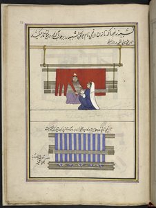 Donne che preparano i fili per un ordito, 86 disegni rilegati in un volume che raffigurano mestieri e occupazioni in Kashmir, Artigiani al lavoro con i loro strumenti e attrezzature, Di un artista del Kashmir, probabilmente a Srinagar, c.1850-60
